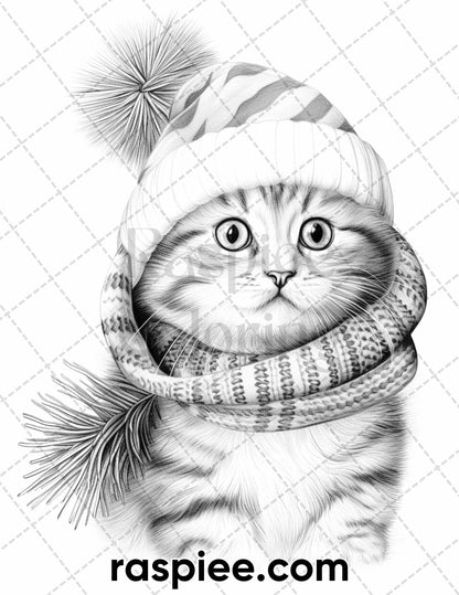 40 Christmas Cats Grayscale Coloring Pages for Adults, Printable PDF Instant Download