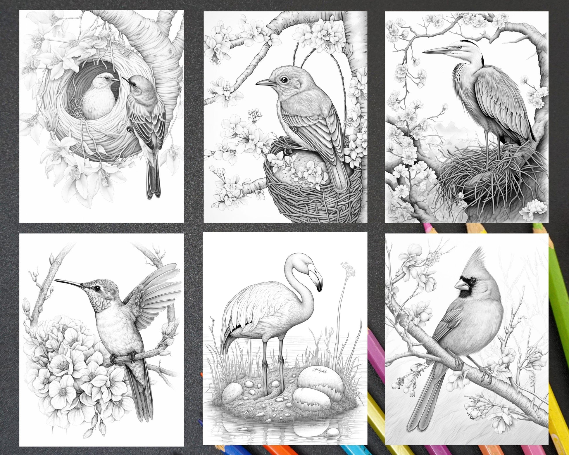 60 Spring Birds Grayscale Adult Coloring Pages, Printable PDF Instant Download