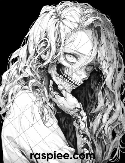 60 Horror Beauties Grayscale Coloring Pages Printable for Adults, PDF File Instant Download