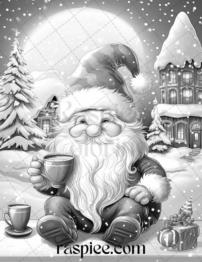 60 Christmas Gnomes Grayscale Coloring Pages Printable for Adults and Kids, PDF File Instant Download