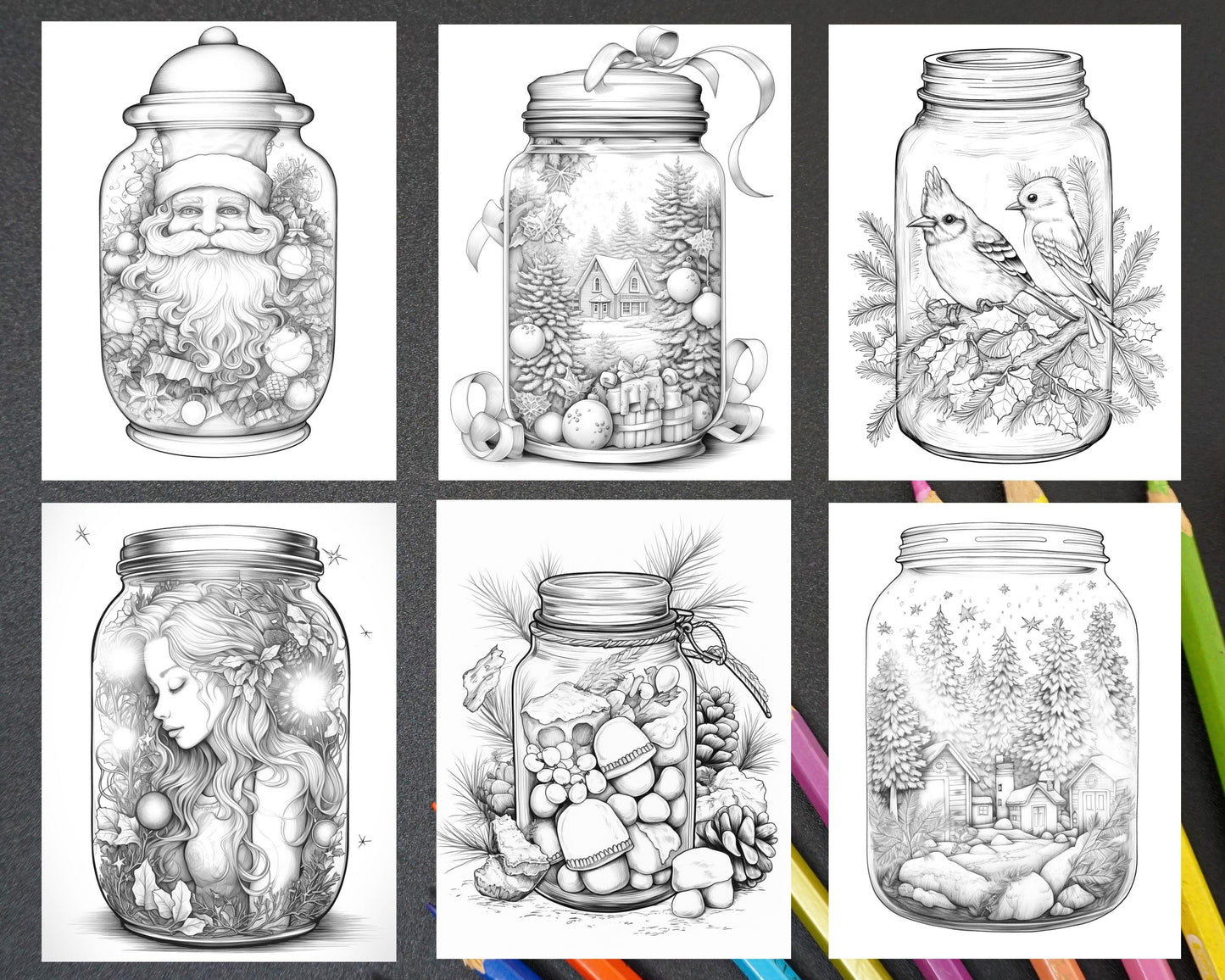 60 Christmas In Jar Grayscale Coloring Pages for Adults, Printable PDF Instant Download