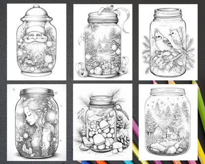 60 Christmas In Jar Grayscale Coloring Pages for Adults, Printable PDF Instant Download