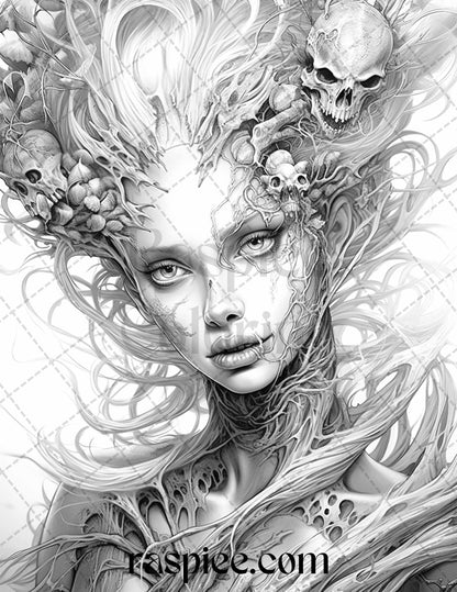 60 Halloween Zombie Fairy Grayscale Coloring Pages Printable for Adults, PDF File Instant Download