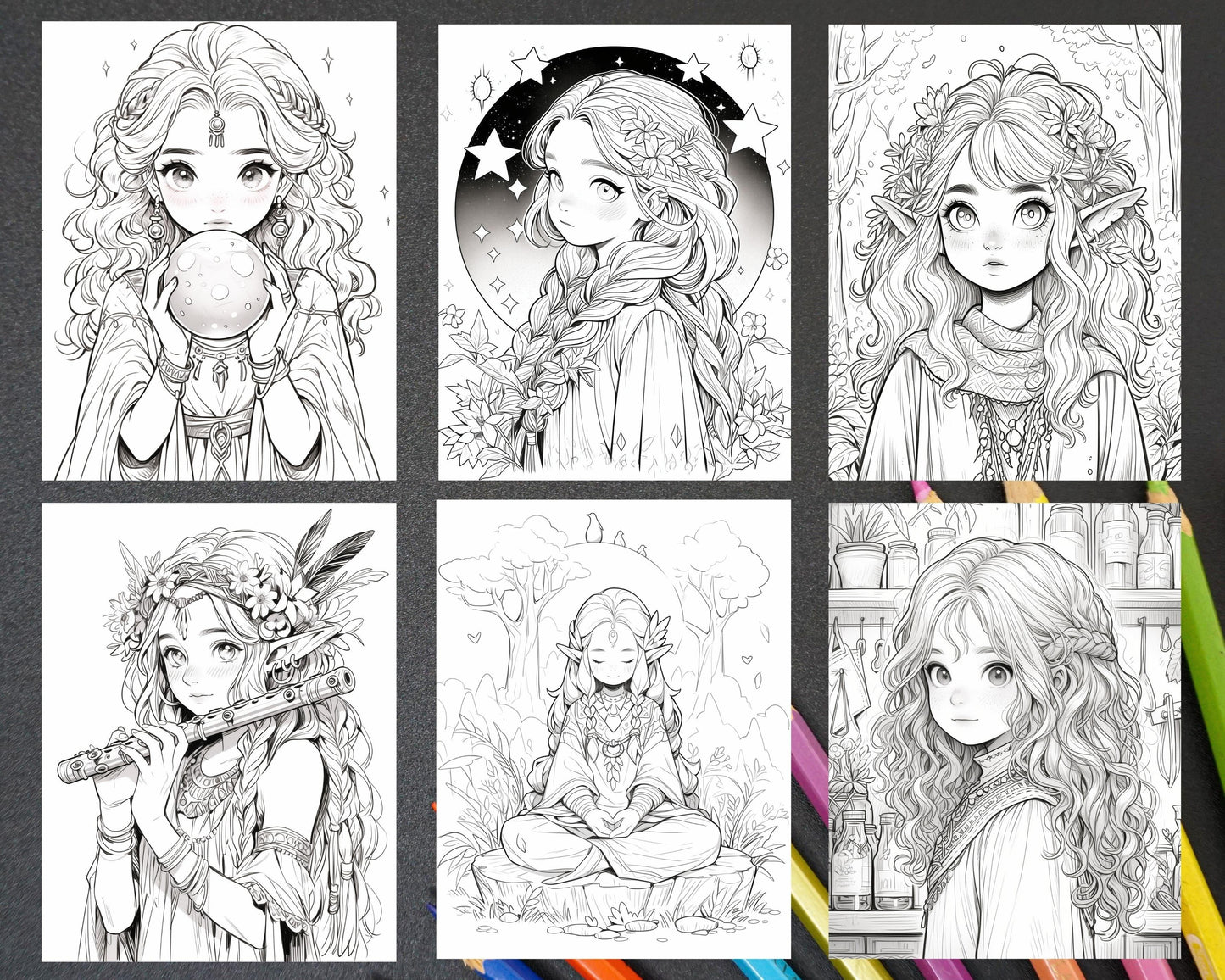 52 Cute Druid Girl Grayscale Coloring Pages for Adults, Printable PDF Instant Download
