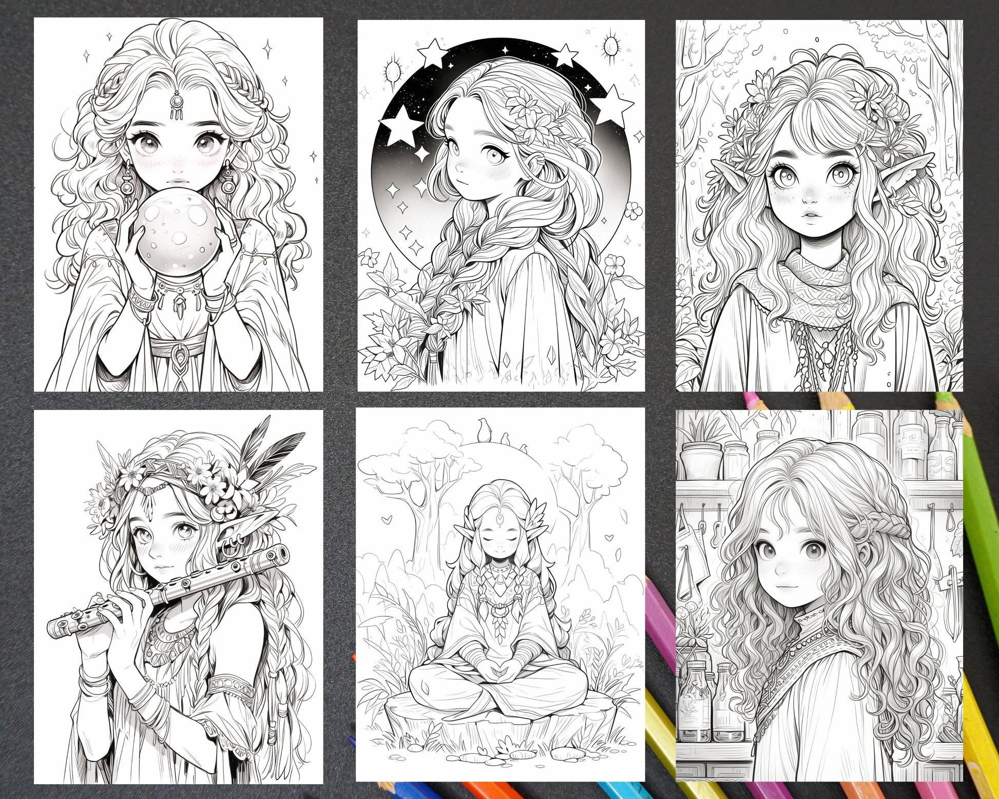 52 Cute Druid Girl Grayscale Coloring Pages for Adults, Printable PDF Instant Download
