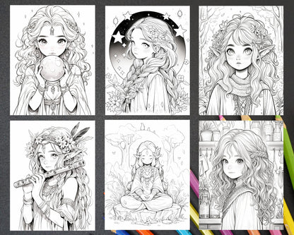 52 Cute Druid Girl Grayscale Coloring Pages for Adults, Printable PDF Instant Download