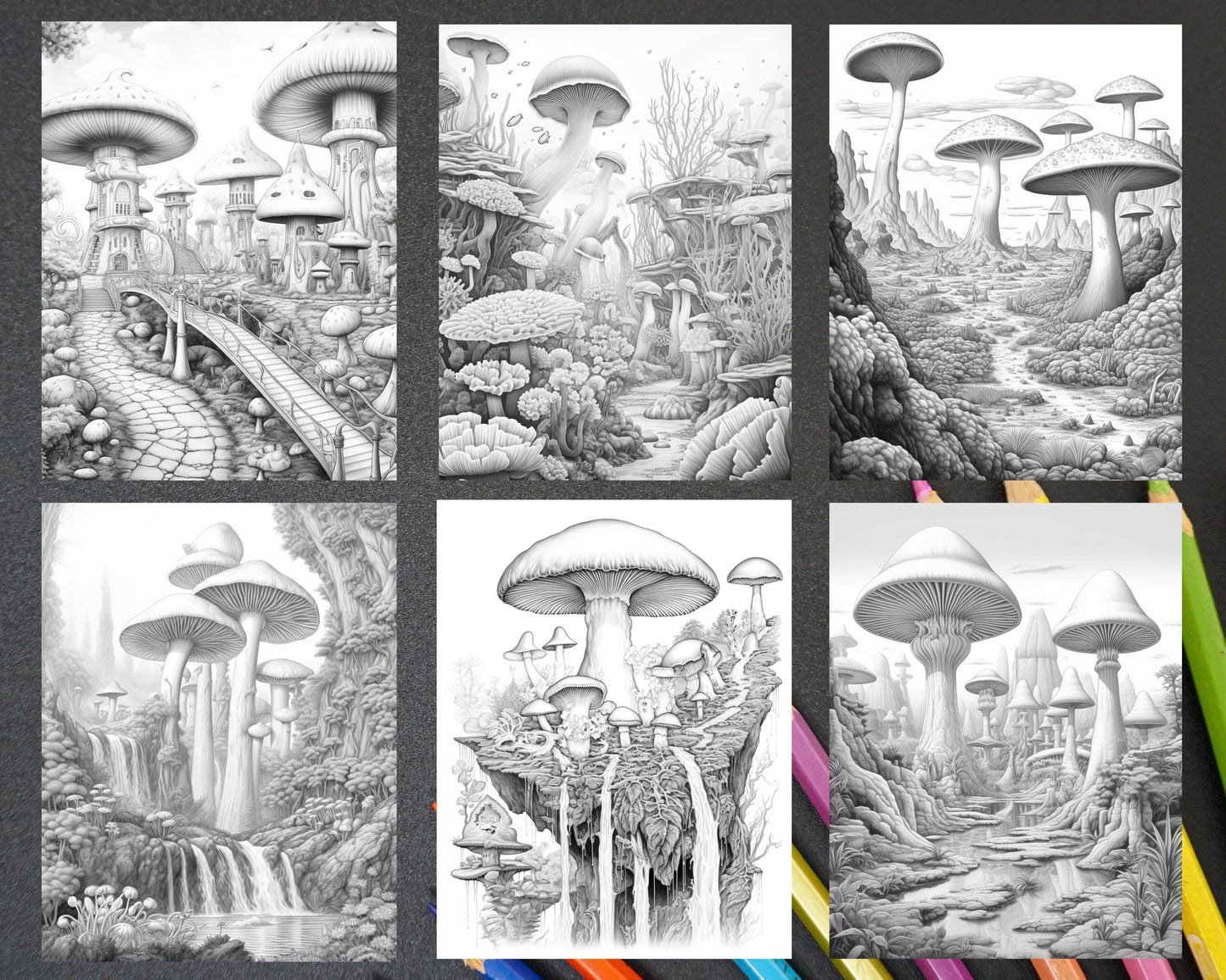 50 Fantasy Mushroom Island Grayscale Coloring Pages for Adults, Printable PDF Instant Download