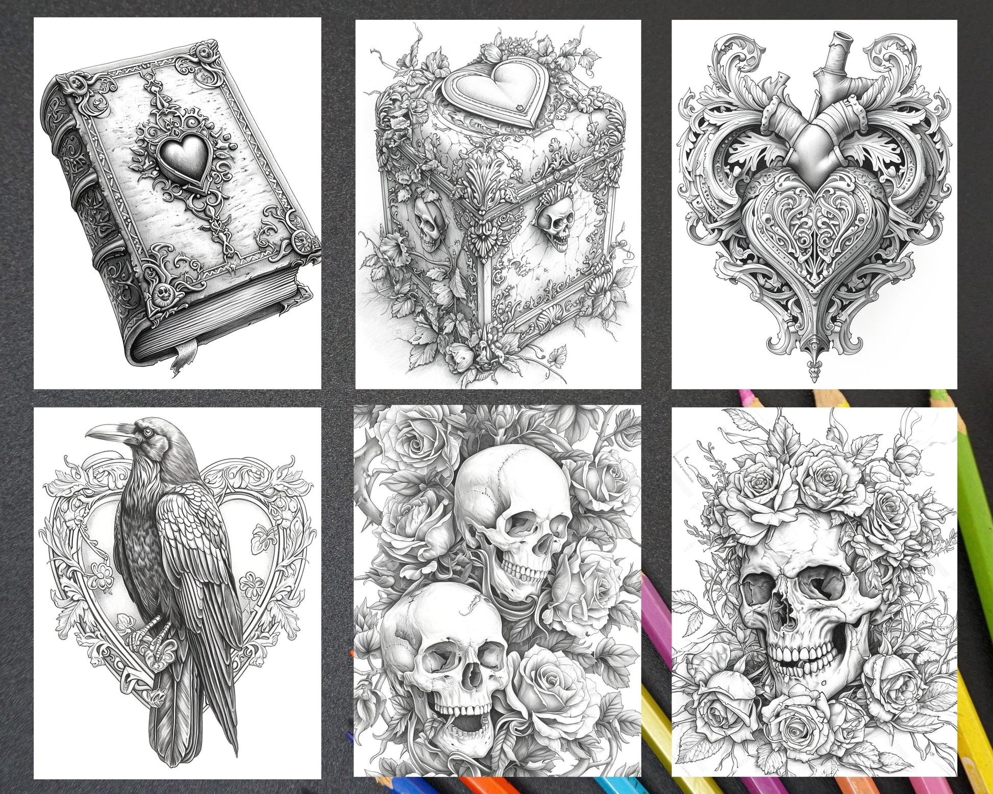 55 Gothic Valentines Day Grayscale Adult Coloring Pages, Printable PDF Instant Download