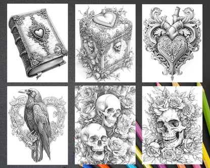 55 Gothic Valentines Day Grayscale Adult Coloring Pages, Printable PDF Instant Download
