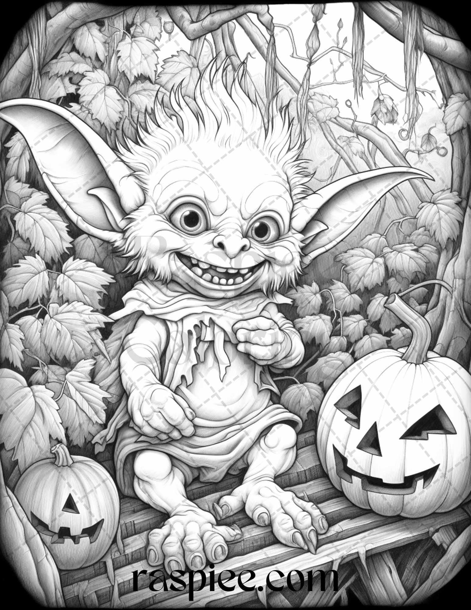 50 Halloween Goblin Grayscale Coloring Pages Printable for Adults, PDF File Instant Download