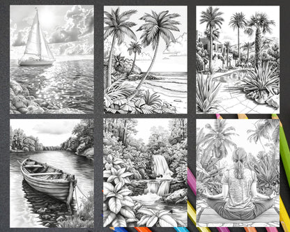 62 Relaxing Summer Grayscale Adult Coloring Pages Printable PDF Instant Download