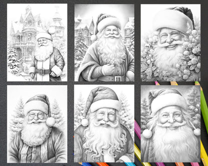 63 Christmas Santa Claus Grayscale Coloring Pages for Adults, Printable PDF Instant Download