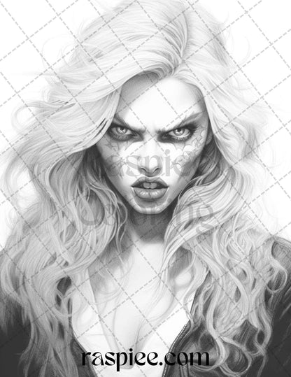 Bewitching Vampires Grayscale Coloring Pages Printable for Adults, PDF File Instant Download
