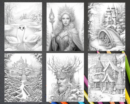 50 Winter Wonderland Grayscale Coloring Pages for Adults, Printable PDF Instant Download