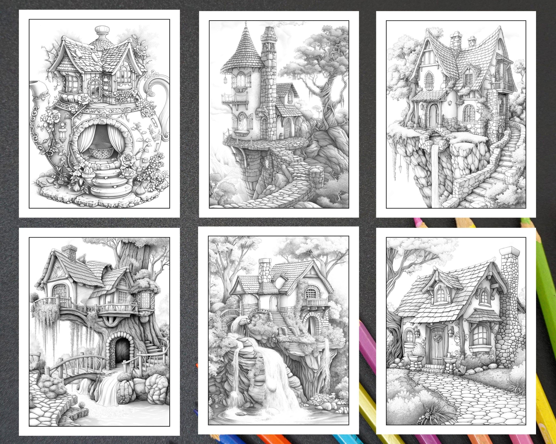 50 Fantasy Fairy Houses Adult Coloring Pages Printable PDF Instant Download