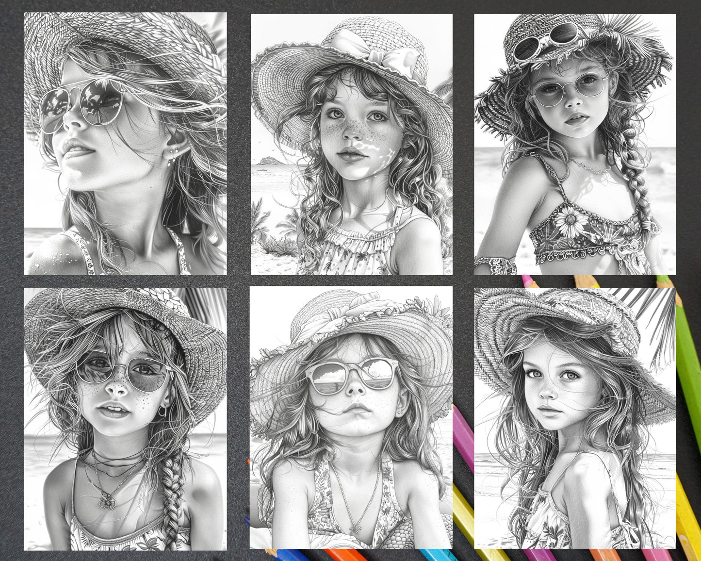65 Summer Little Girls Portrait Grayscale Adult Coloring Pages Printable PDF Instant Download