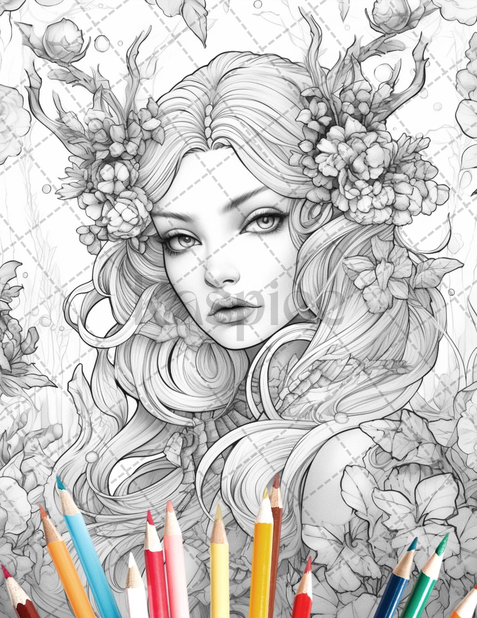 35 Beautiful Printable Elf Girls Coloring Book for Adults, Grayscale Coloring Page, PDF File Instant Download