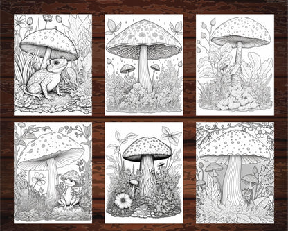 100 Mushroom Forest Coloring Pages Printable for Adults and Kids, Grayscale Coloring Book, Printable PDF File Instant Download