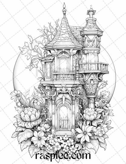 50 Lantern Fairy Houses Grayscale Coloring Pages Printable for Adults, PDF File Instant Download