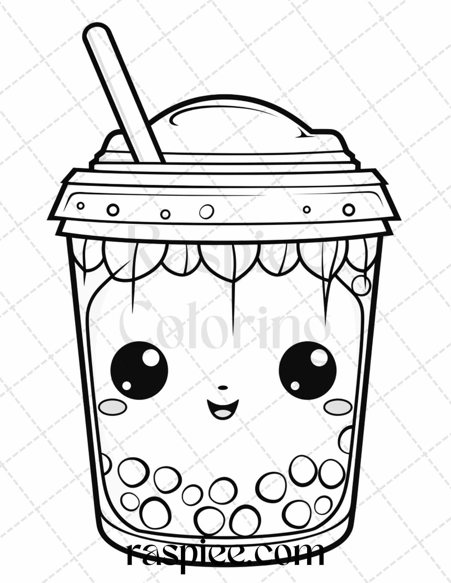 50 Cute Kawaii Boba Tea Grayscale Coloring Pages for Adults and Kids, Printable PDF File Instant Download