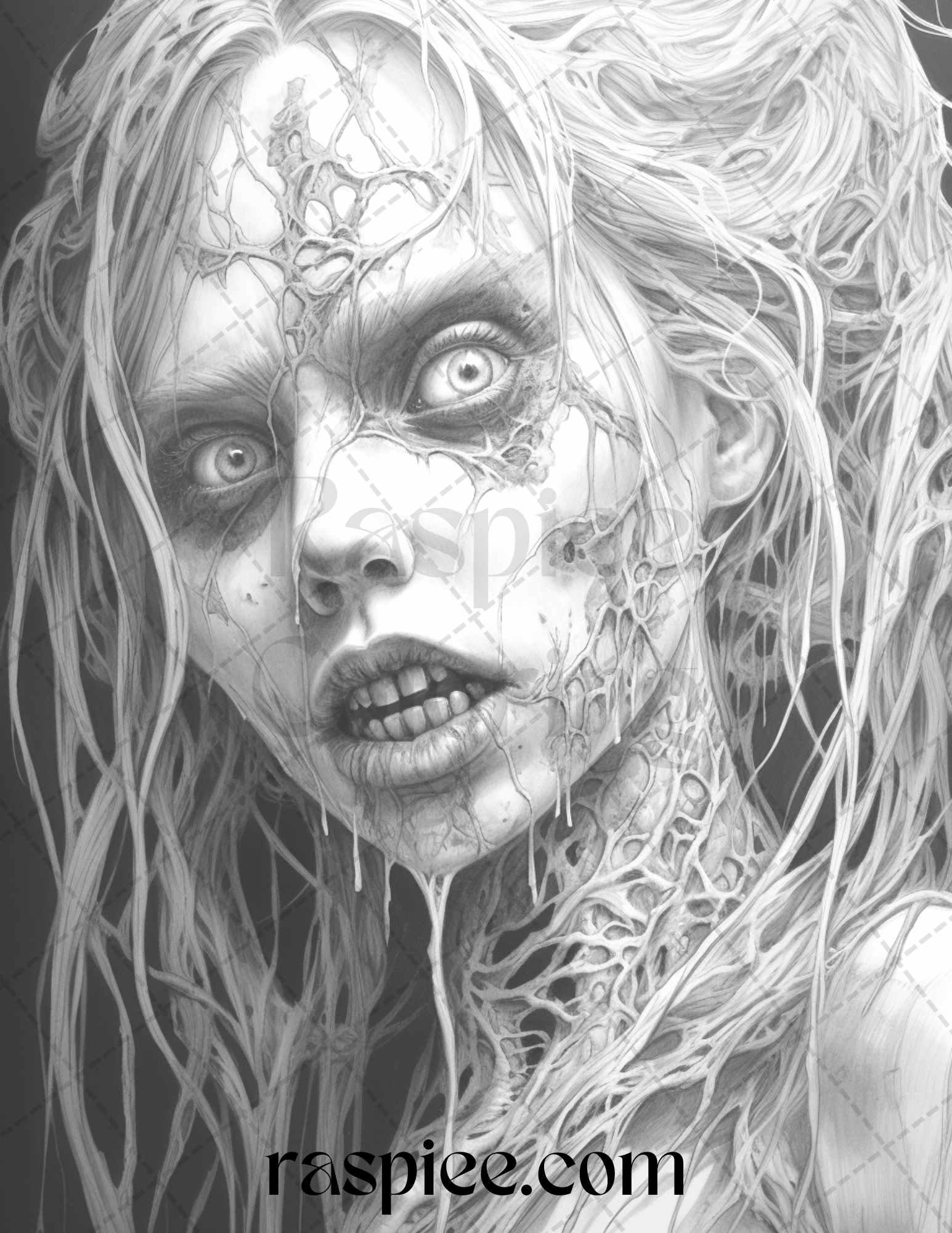 40 Scary Zombie Girls Grayscale Coloring Pages Printable for Adults, PDF File Instant Download