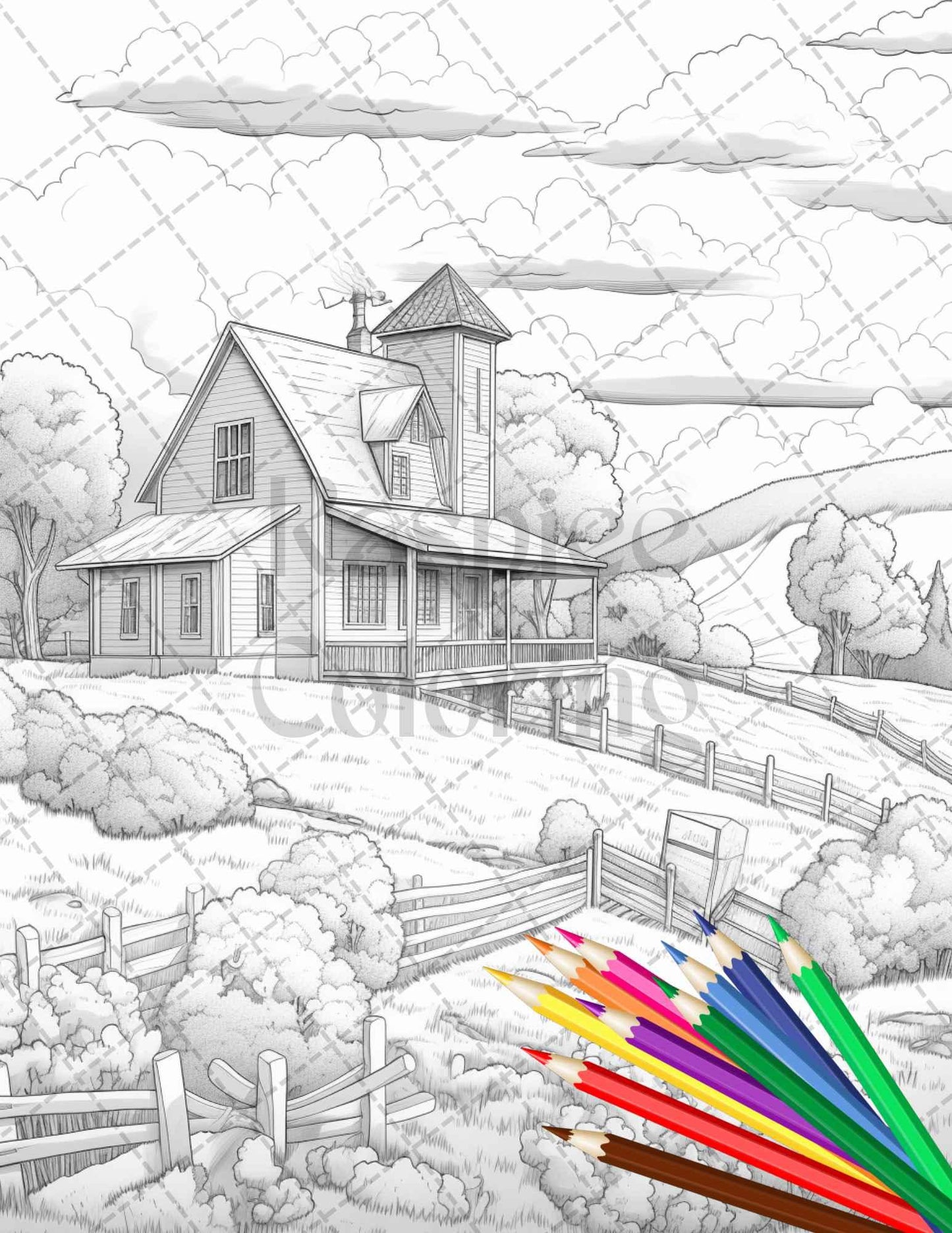 Charming Farmhouse Scenery Grayscale Coloring Pages Printable for Adults, PDF File Instant Download