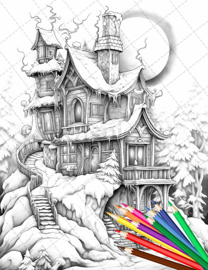63 Winter Fairy Houses Grayscale Coloring Pages Printable for Adults, PDF File Instant Download