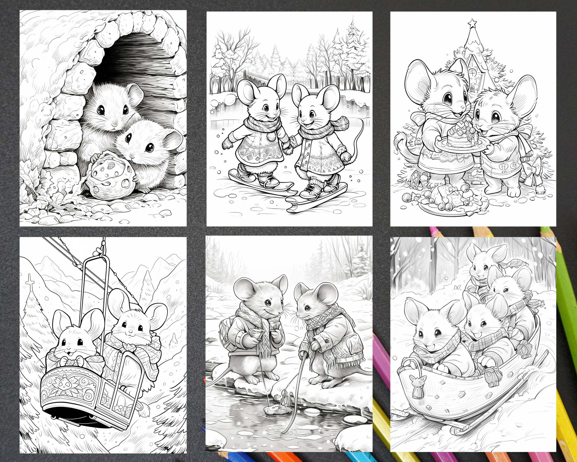 64 Christmas Mice Grayscale Coloring Pages for Adults, Printable PDF Instant Download