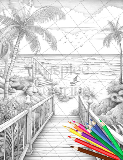 Beautiful Tropical Beach Grayscale Coloring Pages Printable for Adults, PDF File Instant Download