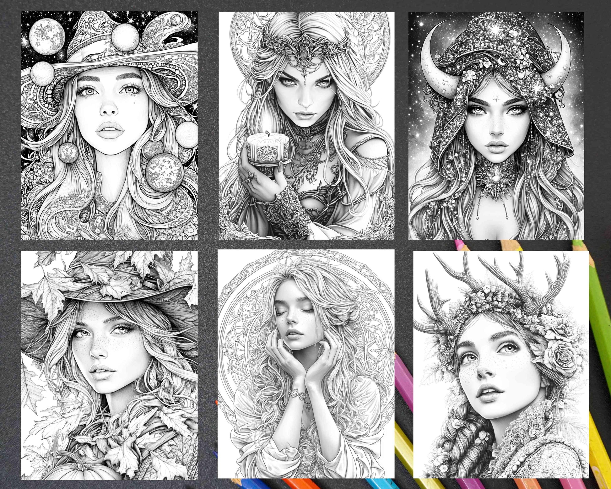 Enchanted Witches Adult Coloring Pages Printable PDF Instant Download