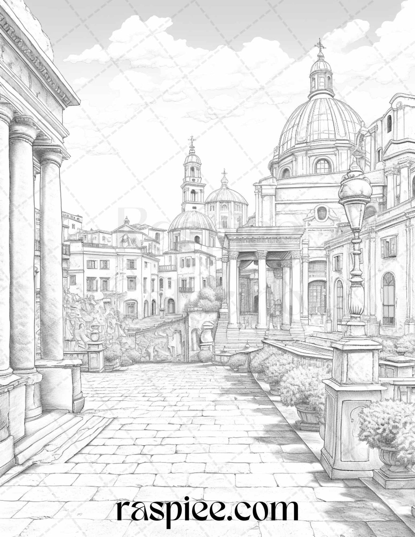 Roman Architecture Grayscale Coloring Pages Printable for Adults, PDF File Instant Download