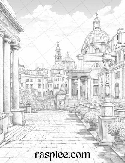 Roman Architecture Grayscale Coloring Pages Printable for Adults, PDF File Instant Download