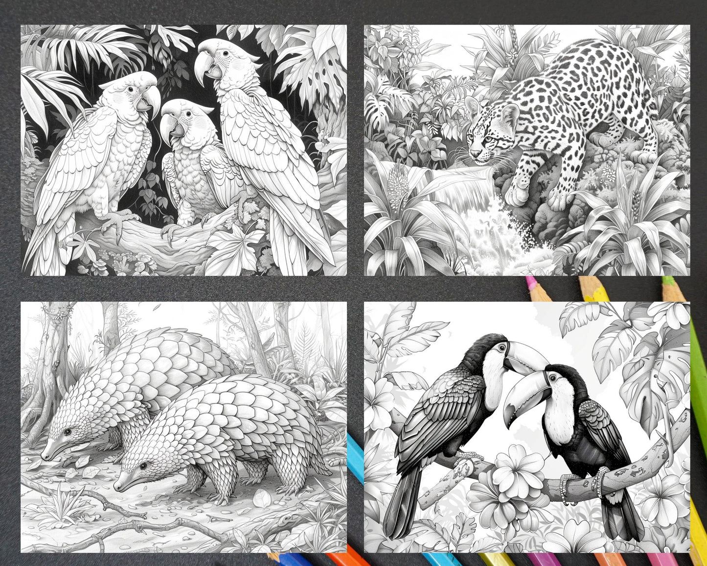 65 Rainforest Waterfall Grayscale Adult Coloring Pages, Printable PDF Instant Download