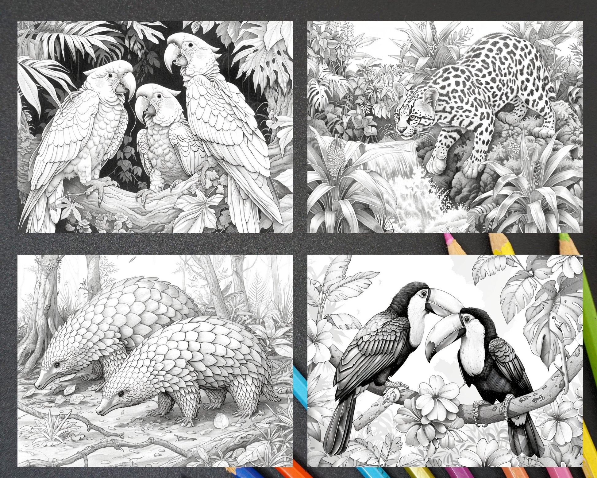 65 Rainforest Waterfall Grayscale Adult Coloring Pages, Printable PDF Instant Download