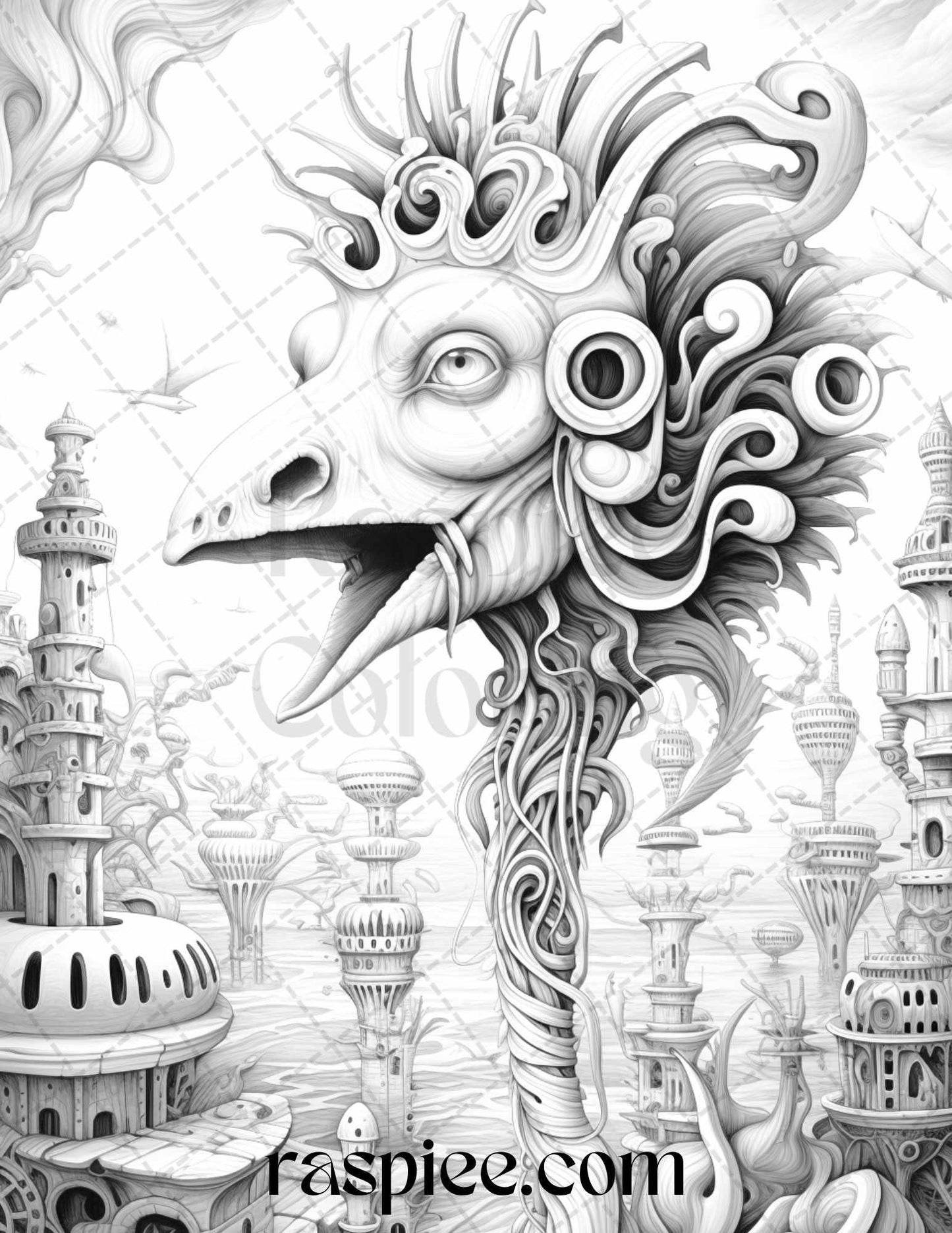 53 Surreal Creatures Grayscale Coloring Pages for Adults, Printable PDF File Instant Download