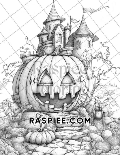 Fantasy Giant Pumpkin Castles Adult Coloring Pages Printable PDF Instant Download