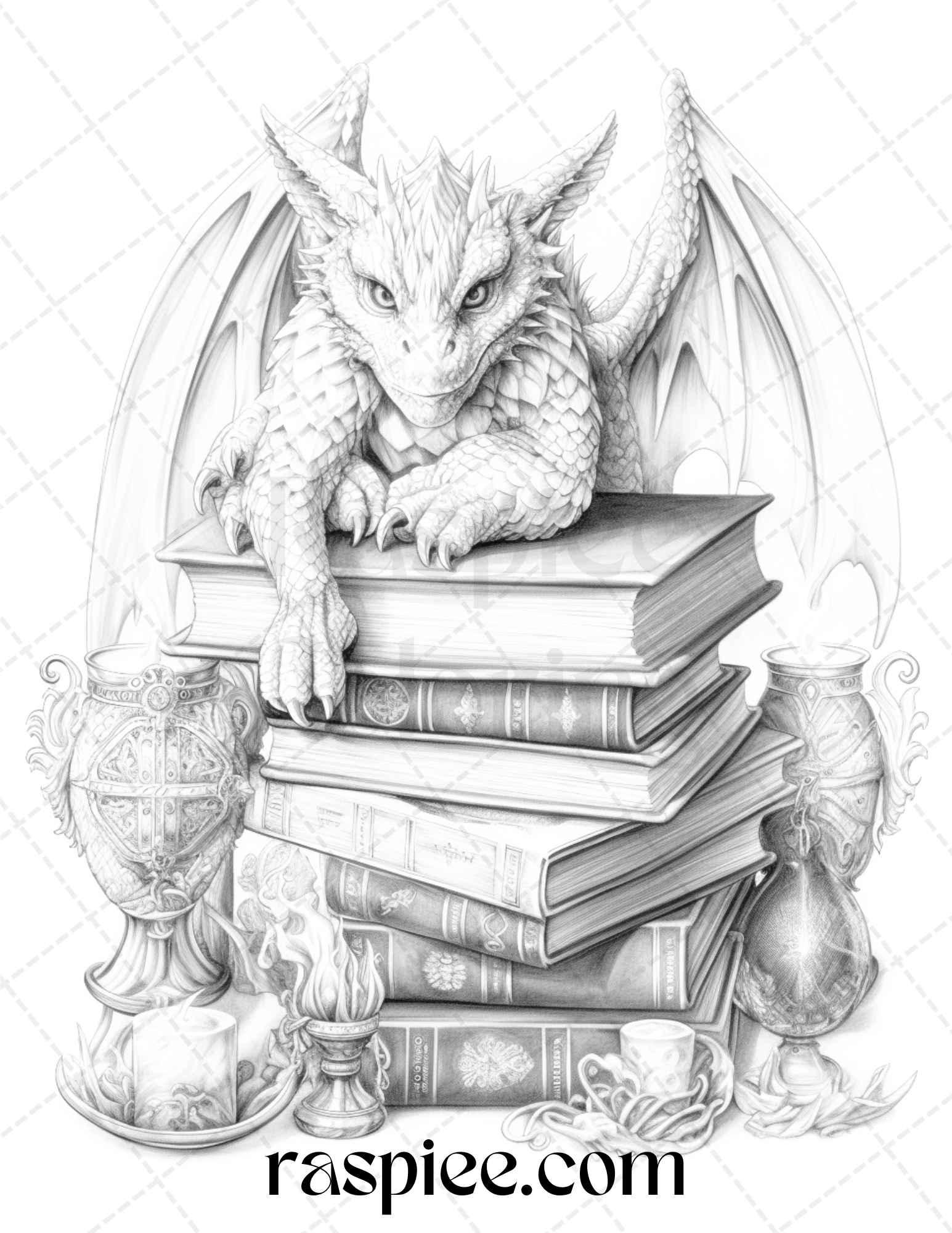 50 Magical Books Grayscale Coloring Pages Printable for Adults, PDF File Instant Download