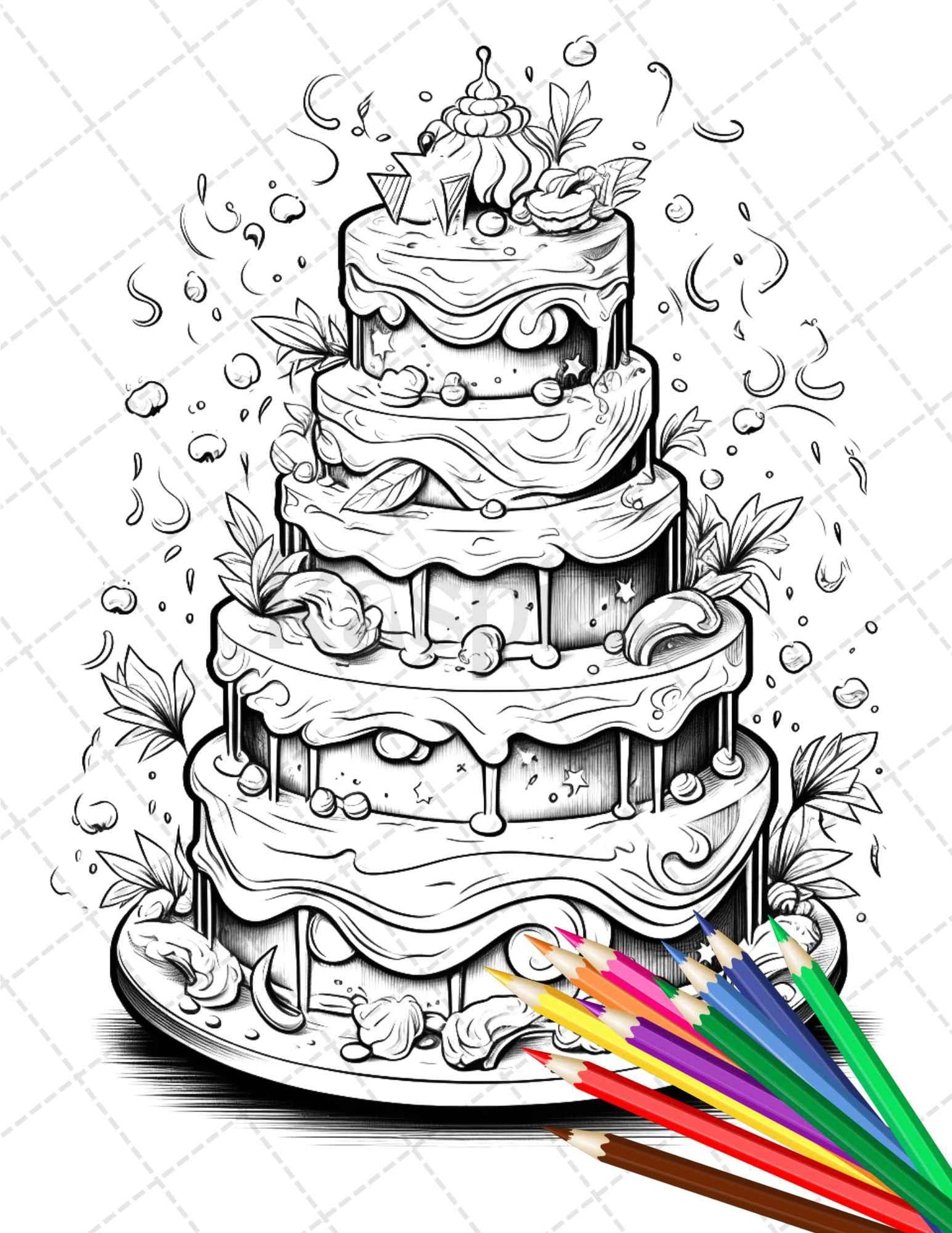 38 Whimsical Cakes Grayscale Coloring Pages for Adults, PDF File Instant Download