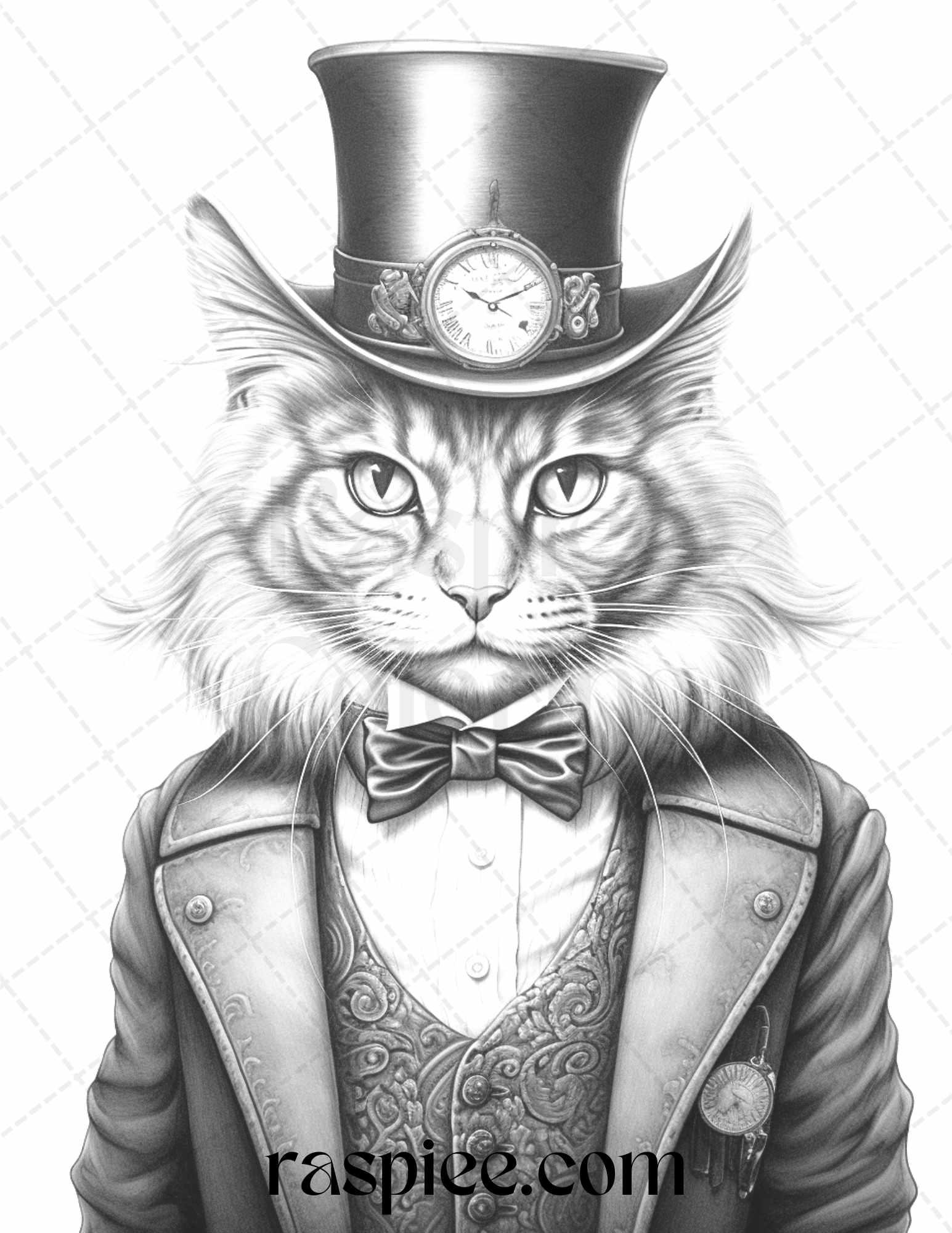 Gentleman Cat Grayscale Coloring Pages Printable for Adults Kids, PDF File Instant Download