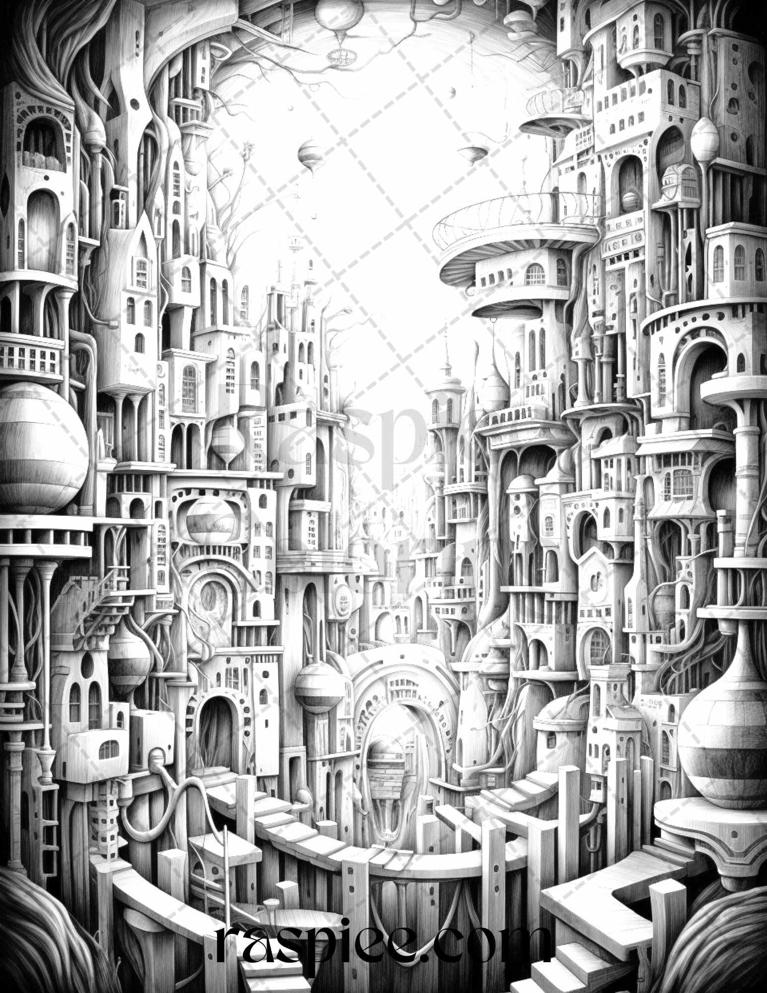60 Enchanting Surrealism Grayscale Coloring Pages Printable for Adults, PDF File Instant Download