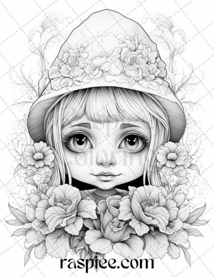50 Flower Gnomes Grayscale Coloring Pages Printable for Adults Kids, PDF File Instant Download