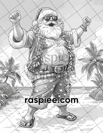 60 Santa Christmas in July Grayscale Adult Coloring Pages Printable PDF Instant Download