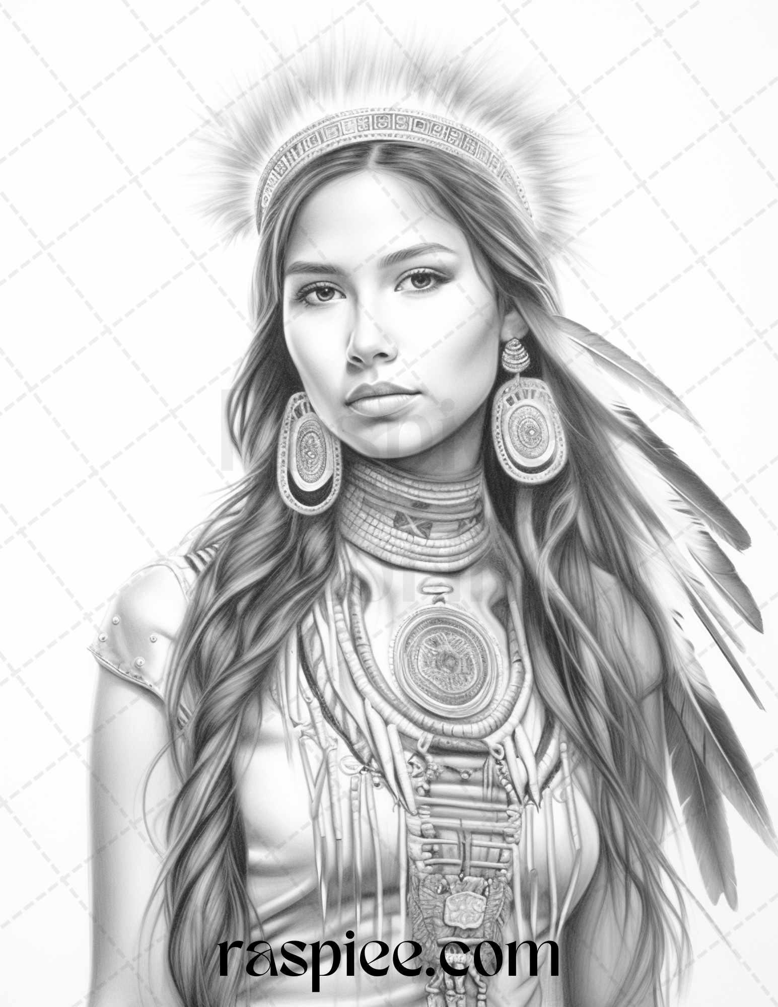Native American Portrait Grayscale Coloring Pages Printable for Adults, PDF File Instant Download