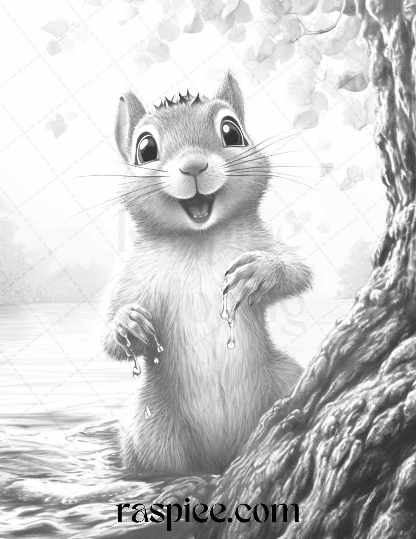 52 Adorable Squirrels Grayscale Coloring Pages Printable for Adults Kids, PDF File Instant Download