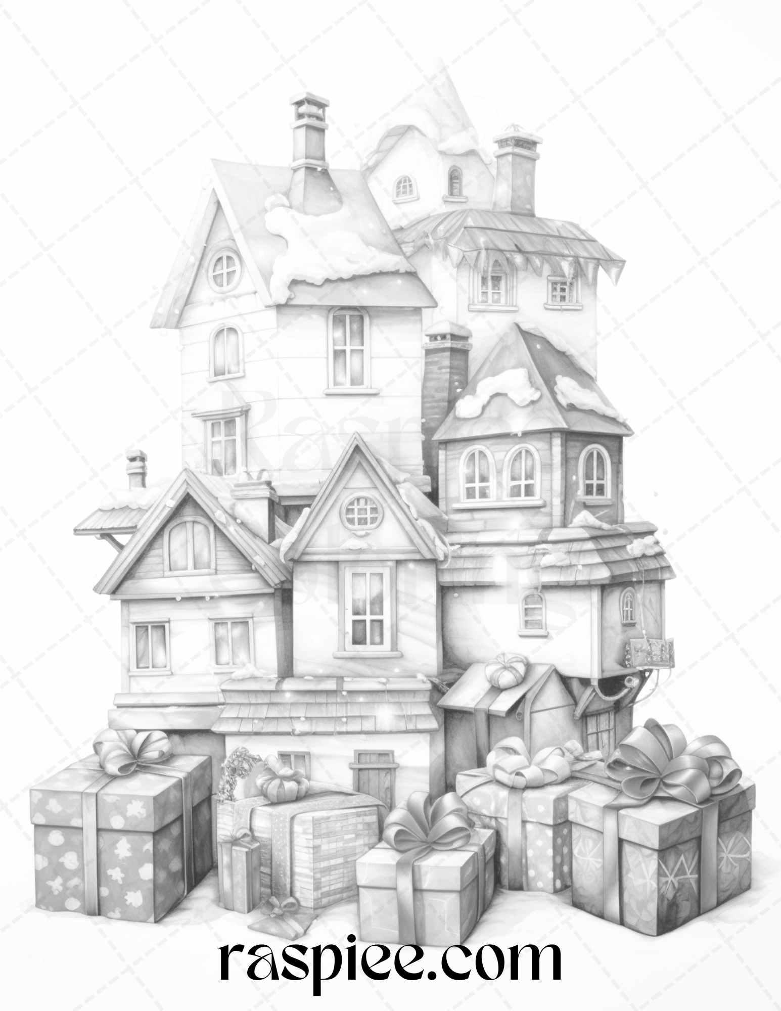 40 Adorable Gift Box Houses Grayscale Coloring Pages Printable for Adults Kids, PDF File Instant Download