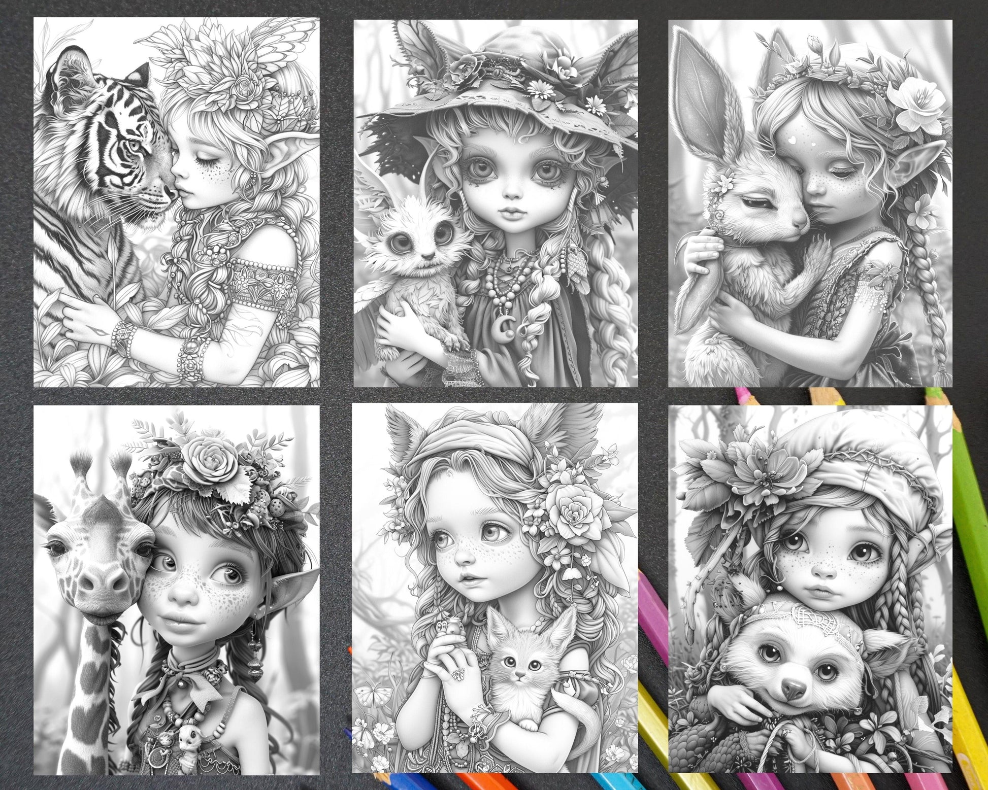 52 Elves Animal Kingdom Grayscale Adult Coloring Pages, Printable PDF Instant Download