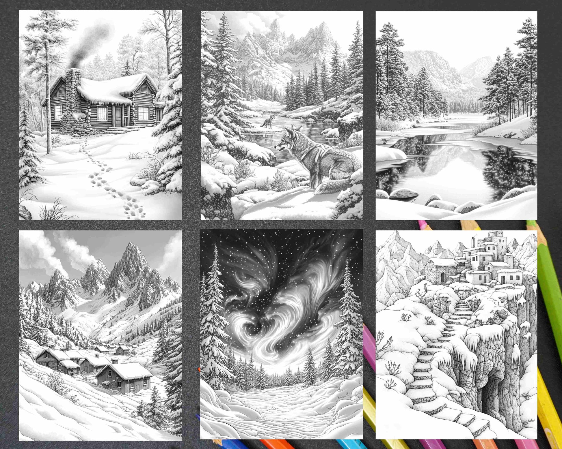 82 Winter Landscapes Adult Coloring Pages