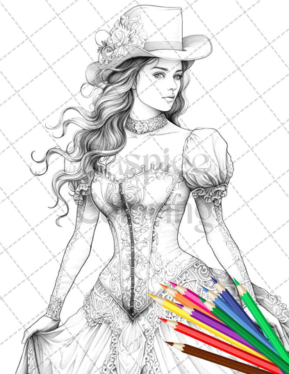 50 Victorian Fashion Grayscale Coloring Pages Printable for Adults, PDF File Instant Download