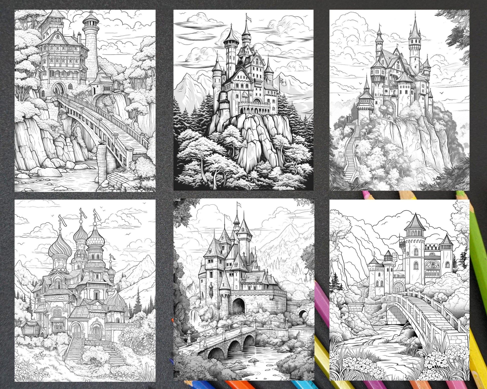 122 Fantasy Castles Coloring Book for Adults, Grayscale Coloring Page, Printable PDF Instant Download