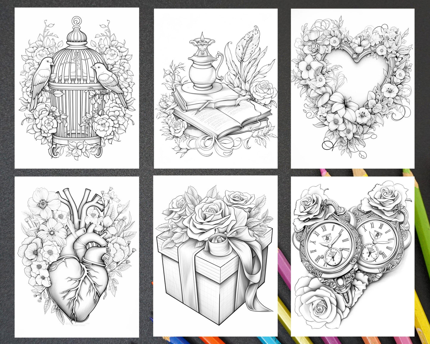 50 Sweet Valentine Grayscale Adult Coloring Pages, Printable PDF Instant Download